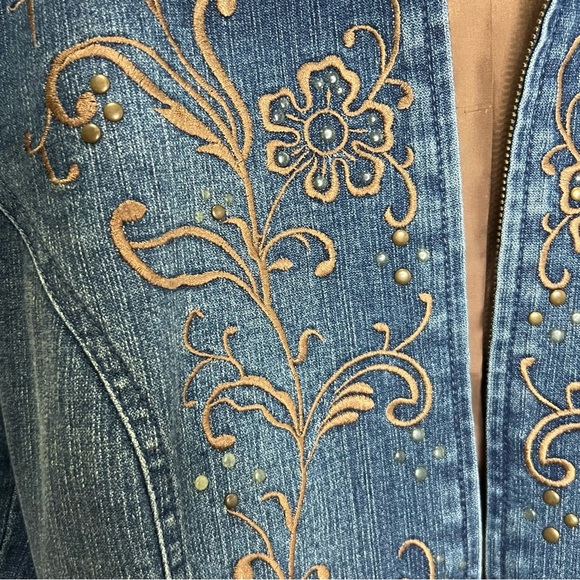 Coldwater Creek Jean Jacket Coat Embroidery Pockets Cowgirl Zipper Lined Western - Picture 4 of 9